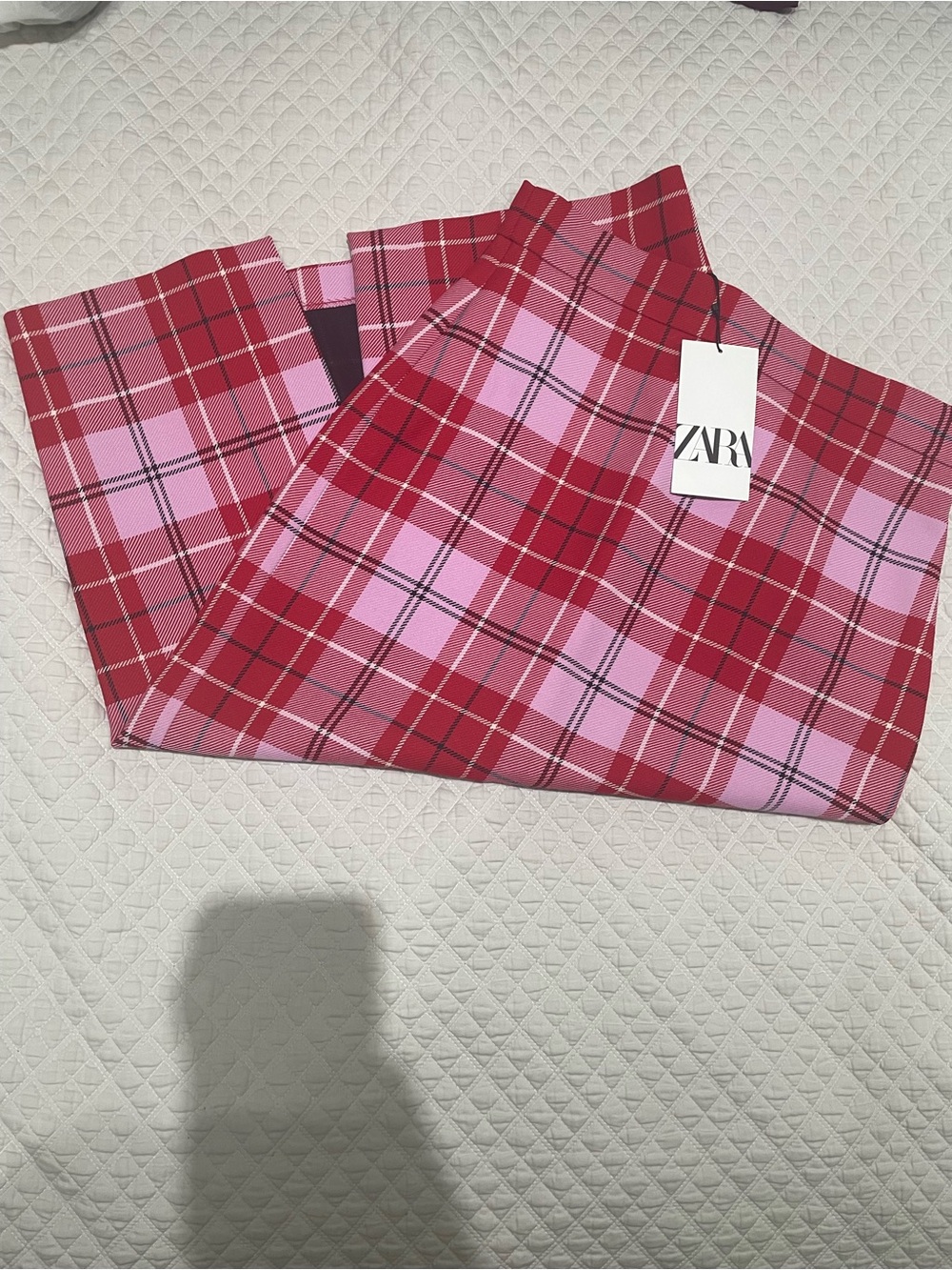 NWT ZARA Red and Pink Plaid Pencil Skirt